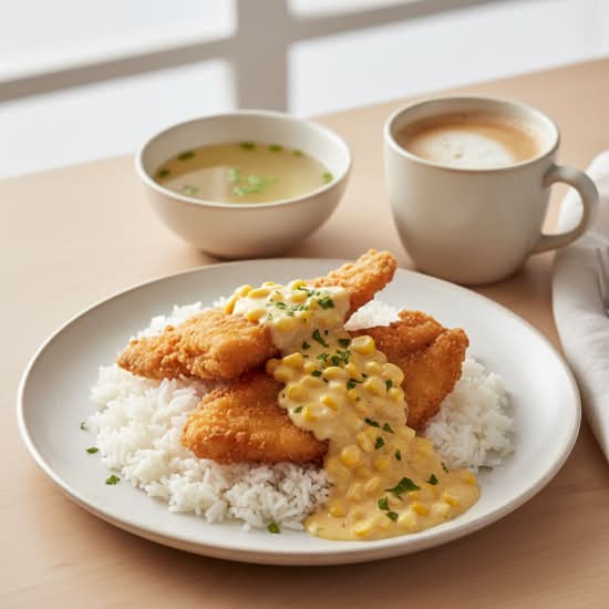 130. Deep-Fried Sole Fish with Cream Corn Sauce on Rice 粟米班塊飯